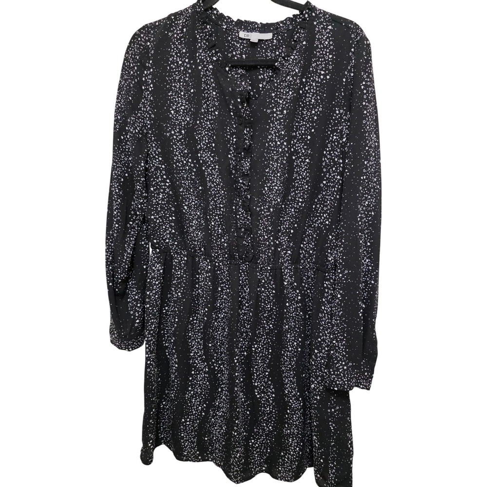 DR2 Black & White Star Print Constellations Long-Sleeve Dress Button-Front Ruffl